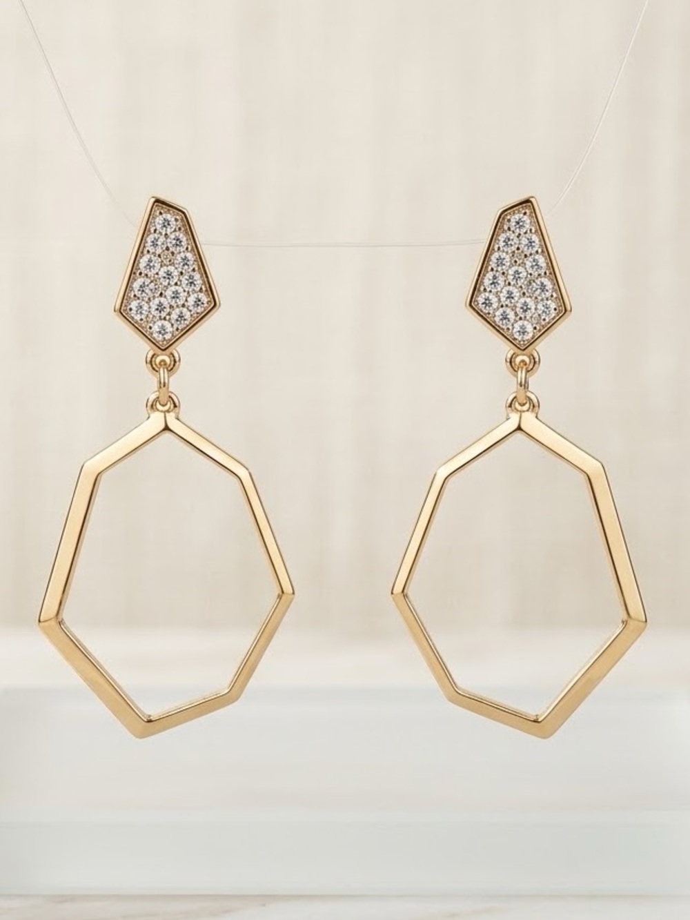 Gold Geometric Drop Earrings with Pavé Top